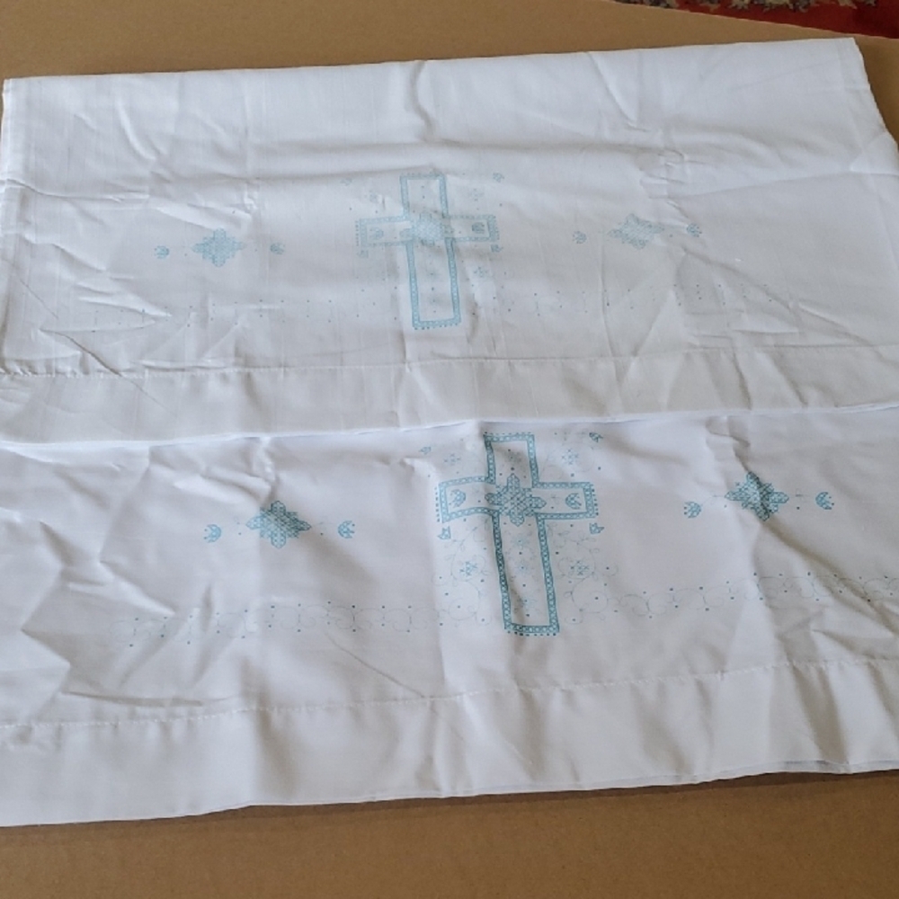 White and Blue Blanks Embroidered Cross Pillowcases Pair